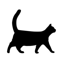 Vector flat style silhouette illustration of a realistic black cat walking - isolated on white background. Full editable and scalable high quality eps file available.
