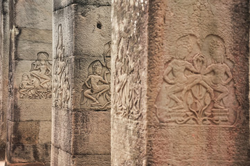 old sculptures and Stone murals at Angkor wat