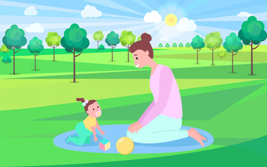 Obraz na płótnie Canvas Woman playing with baby on mat outdoor, mother and daughter sitting on grass near trees, funny time, sunny weather, green nature and summertime vector