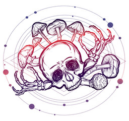 Halloween. Vector illustration. Skull, mushrooms, bones. Handmade, prints on T-shirts, background white, tattoos, Violet blue colors