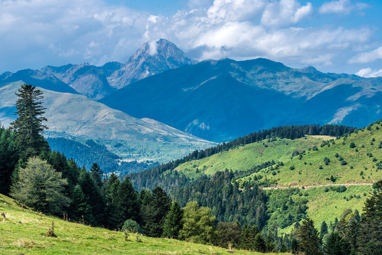 France, Hautes Pyrenees, Col d'Aspin (1489 meters high) between the Vallee d'Aure and the Vallee de Campan, view on the Pic du midi de Bigorre