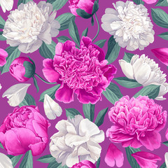 Vintage floral seamless pattern with peonies. Spring flowers background for prints, fabric, invitation cards, wedding decoration, wallpapers, wrapping paper. Realistic style. Vector illustration.