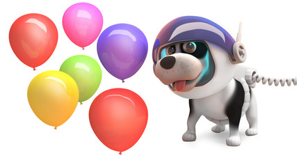 Cute puppy dog in spacesuit plays with party celebration balloons, 3d illustration