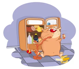Foto op Plexiglas Hongerige kat steelt worst uit de koelkast © liusa