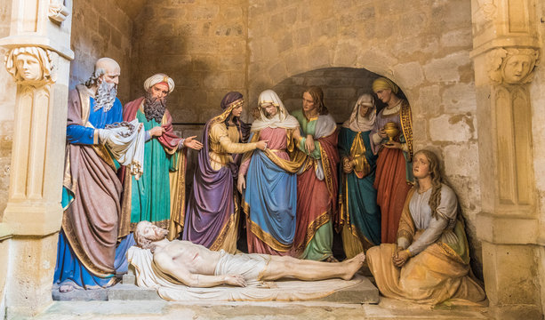 France, Gers,Marciac, church Notre Dame de l'Assomption, wooden sculpture of the Entombment of Jesus (Saint James way)