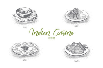 Traditional oriental cooking, dhal, curry, momo and samosa, delicious dinner, tasty dishes, national indian cuisine banner