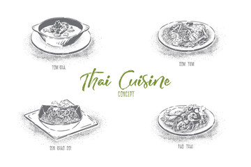 National eastern cuisine, tom kha soup, som tam, sen khao soi, pad thai, traditional asian food banner © drawlab19