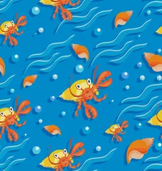 Behang Golven Oranje heremietkreeft en schelpen op de golven. Naadloze patronen Ontwerp voor babytextiel, achtergrondafbeelding voor verpakkingsmaterialen. Cartoon-stijl