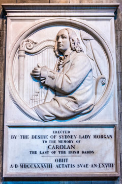 Republic of Ireland, Dublin, Saint Patrick anglican cathedral, bas-relief as a tribute to the celtic harper Turlough O'Carolan (1670-1738)