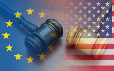 Unites States and European Union economy conflict concept, tariffs on exports, trade frictions....