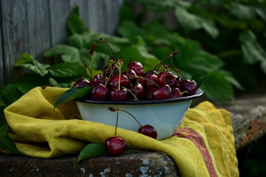 Sweet Cherry In A Deep Plate On A Yellow Cloth Napkin And Green Leaves Against The Back