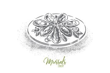 Tasty mussels, traditional seafood restaurant dish, cooked mollusk, healthy nutrition, exquisite dinner