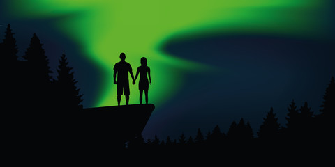 couple in love enjoy the polar lights on a cliff in the forest vector illustration EPS10