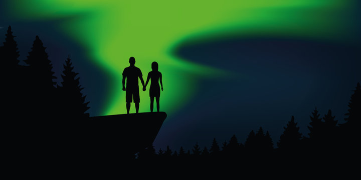 couple in love enjoy the polar lights on a cliff in the forest vector illustration EPS10