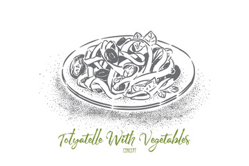 Tagliatelle with vegetables, traditional cuisine, tasty noodles with veggies seasoned with olive oil and salt