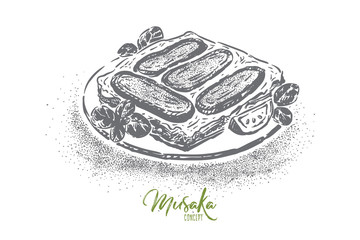 Greek musaka, layered dish, aubergines with olive oil, mutton and tomatoes with bechamel sauce