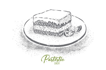 Pastitsio, greek layered dish, macaroni baked with cheese and eggs, minced meat with bechamel sauce