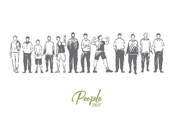 Young men standing together, adults and teenagers, faceless people in casual clothes, friends communication