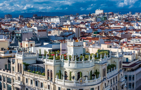Spain, Madrid, view from the rooftop terrace of the Circulo de Bellas Artes, Gran Via street