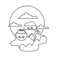 bucket and shovel with cocktail coconut kawaii in the beach