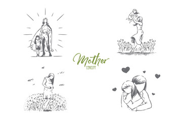 Feminine happiness, super mom with daughter, parent playing with kid outdoor, hugging, pregnancy, maternity banner