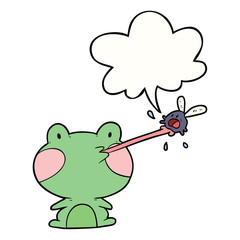 cute cartoon frog catching fly and tongue and speech bubble