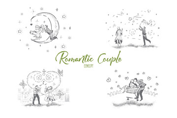 Young couples on date, man catching star, people playing saxophones, pair ride in shopping cart, dating banner