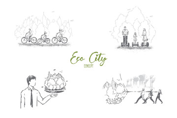 People cycling, using hoverboards, man holding self sustainable town model, alternative power, eco city banner