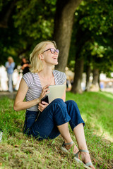 Obraz premium Education. summer online. Blogger create content for social network. woman has business online. Web communication. Blogger becoming inspired by nature. writer with notebook. girl with laptop