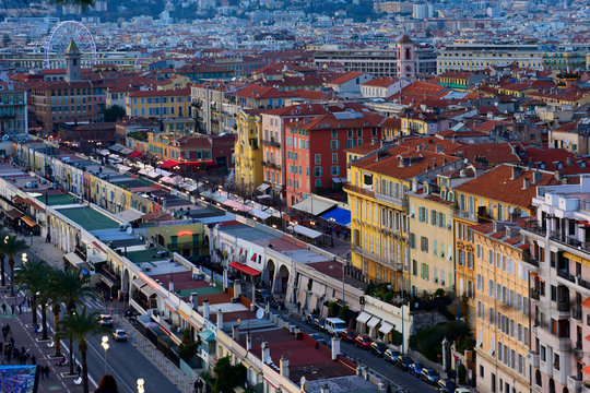 France, Nice, view over the Promenade des Anglais from the parc du chateau.