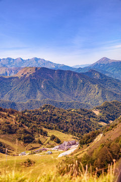 Landscape, view of the slopes and mountains around the ski resort Guzet-snow in summer. Couserans-Pyrenees, Ustou Valley, Ariege, Occitanie, France