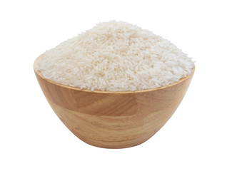 Rice in wooden bowl isolated on white