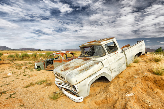 Namibia, Namib Desert, Solitaire, old car carcasses.