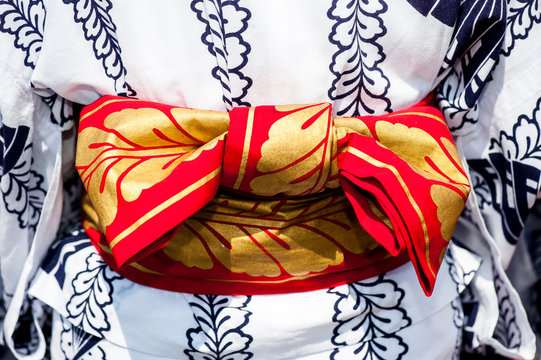 Obi japanese belt tied around a woman kimono, Osatsu, Japan