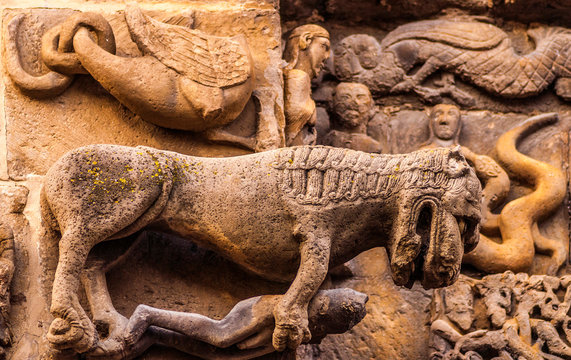 Spain, Autonomous community  Navarre, province of Sanguesa, detailed view of the scuplted porch of the church of Santa Maria la Real (12th century) (Saint James way)