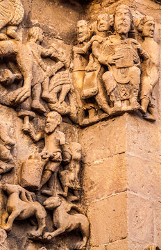 Spain, Autonomous community  Navarre, province of Sanguesa, detailed view of the scuplted porch of the church of Santa Maria la Real (12th century) (Saint James way)