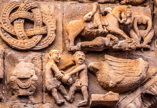 Spain, Autonomous community  Navarre, province of Sanguesa, detailed view of the scuplted porch of the church of Santa Maria la Real (12th century) (Saint James way)