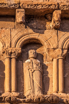 Spain, Autonomous community of Navarre, province of Sanguesa, detailed view of the sculpted porch of the church of Santa Maria la Real (12th century) (Saint James way)