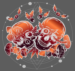 Vector illustration.Halloween.Skull,mushrooms,leaves.Handmade,prints on T-shirts, background gray, tattoos.Orange claret color
