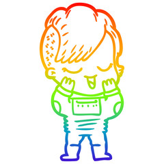 rainbow gradient line drawing happy cartoon girl in space suit