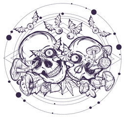 Vector illustration.Halloween.Skull,mushrooms,leaves.Handmade,prints on T-shirts, background white.tattoos,sacred geometry
