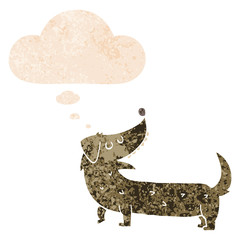 cartoon dog and thought bubble in retro textured style