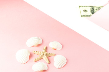 Travel budget. Money in a pink envelope, starfish, seashells on a blue background. Copy space, top view. 