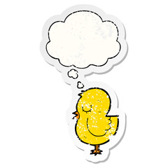 cartoon bird and thought bubble as a distressed worn sticker