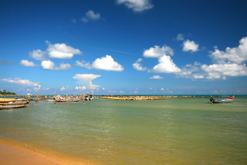 View of the beautiful landscape. colorful boats in thailand.