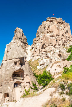Turkey, Goreme National parc and rock sites of Cappadocia, rocky troglodyte peak of Uchisar (UNESCO World Heritage)