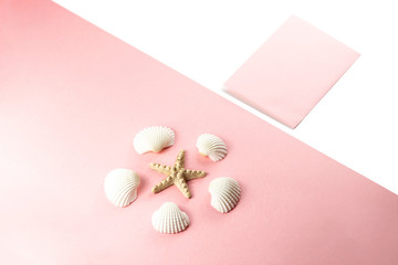 Flat lay top view Pink envelope, seashells on a pink background. Summer tropical vacation background. 