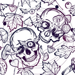 Vector illustration.Halloween.Skull,mushrooms,leaves.Handmade,prints on T-shirts.tattoos,background white, Violet blue colors. seamless pattern