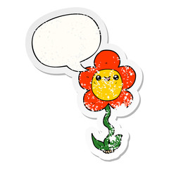 cartoon flower and speech bubble distressed sticker