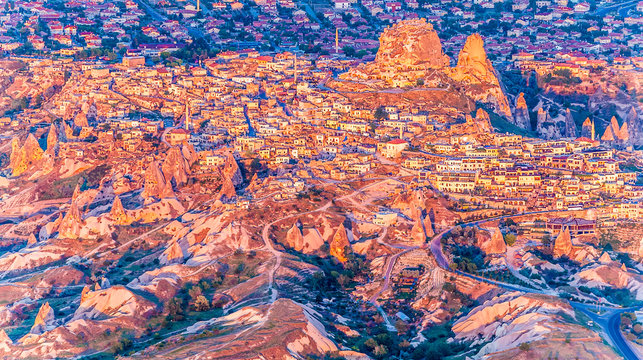 Turkey, Goreme National park and the rock sites of Cappadocia, city of Ortahisar at sunrise